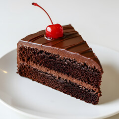 Rich and moist chocolate cake with glossy ganache topping, served on a ceramic plate with a fork beside it.