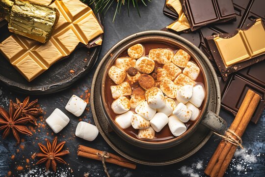Creamy hot chocolate in a rustic mug with cinnamon and marshmallows.