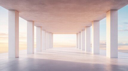 Minimalist Architecture Perspective of Concrete Columns at Sunset in Modern Style Location with Abstract Sky Background