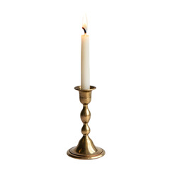 Lit Candle in Brass Candle Holder on white background