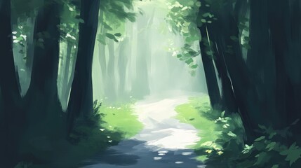 Obraz premium Sunlit path through a lush, misty forest with tall trees and green undergrowth.