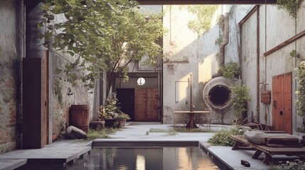 Sunlit overgrown courtyard with pool, rustic architecture, plants, and aged industrial elements.