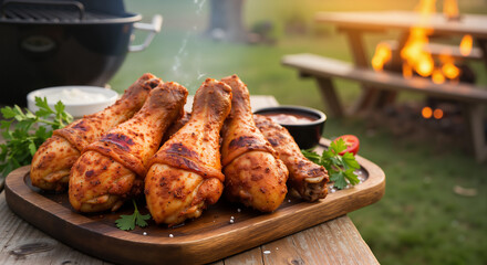 Naklejka premium Grilled chicken drumsticks served on wooden platter outdoors 