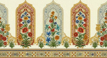 Elegant Mughal seamless pattern featuring floral plant designs and arch motifs. Perfect for textile design, wallpaper, and traditional Indian decor royal Mughal architecture