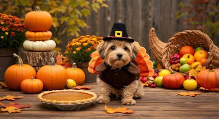 Pet Dog Wearing Turkey Hat with Pumpkin and Pie at Thanksgiving