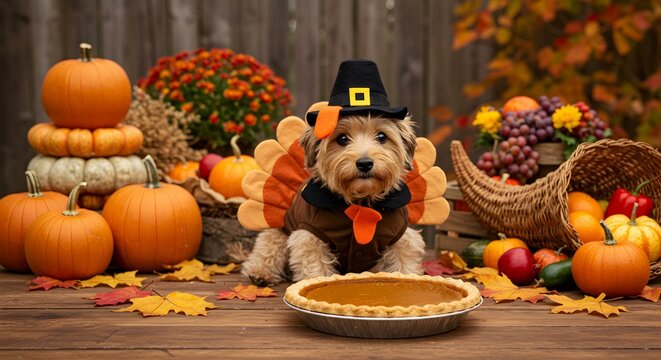 Dog in Thanksgiving Turkey Outfit with Pumpkin and Harvest Decor