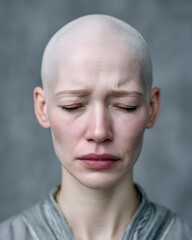 Emotional portrait of a bald woman in studio close-up intense expression neutral background artistic photography
