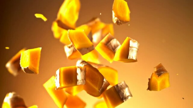 Juicy pineapple chunks flying upward in slow motion. Bright tropical fruit pieces in energetic and flavorful food concept.