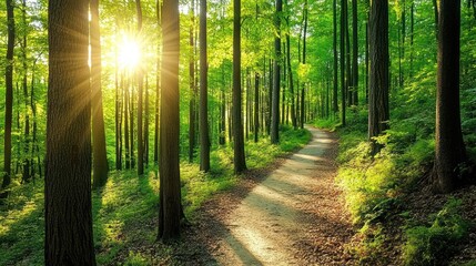 Obraz premium Sunlit path winding through a lush green forest with tall trees and vibrant foliage.