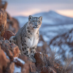 Obraz premium A Beautiful Snow Leopard Sitting on a Rocky Outcrop in the Majestic Mountains