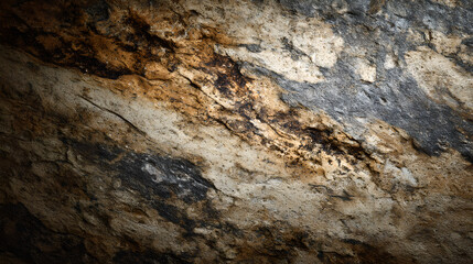 A close up view of a rock formation with brown beige grey and black colors and rough texture details