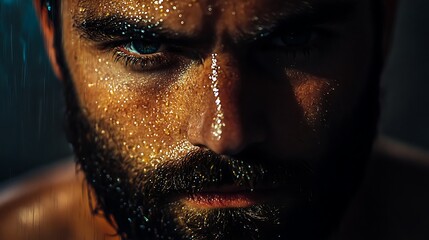 Intense Closeup of a Sweaty Man with a Beard, Showing Determination and Grit