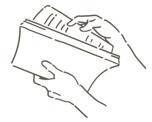 本を読んでいるシーンのイラスト。手と本。シンプルタッチ、ベクターイラスト素材。