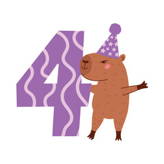 Birthday 4 years old child. Number four and cute capybara character with party hat. Vector flat hand drawn illustration isolated on transparent background.
