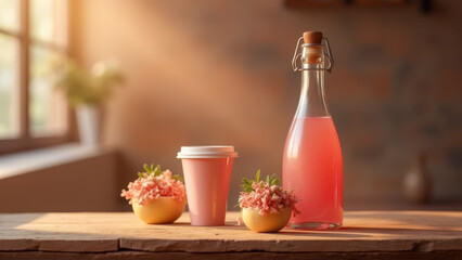 Refreshing drink and floral arrangement in a naturally lit, cozy atmosphere