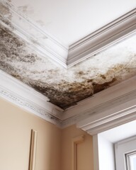 Mold Damage on Ceiling in Home Interior Close Up Showing Water Leak and Growth Problem in Corner with Crown Molding