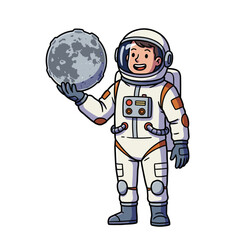 Adorable astronaut character illustration, sitting comfortably on a rocky moon surface, holding a cute satellite model.