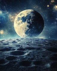 Dramatic Close Up of Moon Surface with Craters and Stars in Sky Above in Space Exploration Concept