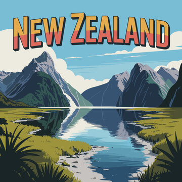 New Zealand Fiordland Mountains and Coastal Lake &ndash; Scenic Poster