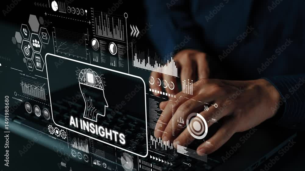 Poster futuristic data analysis with ai insights concept on laptop screen with hands typing in modern works