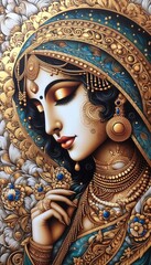 Beautiful Indian woman adorned in jewelry with a vibrant headscarf captured in traditional artwork