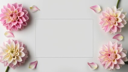 Elegant floral frame with copy space, featuring pink and cream dahlias and delicate petals on a clean white background