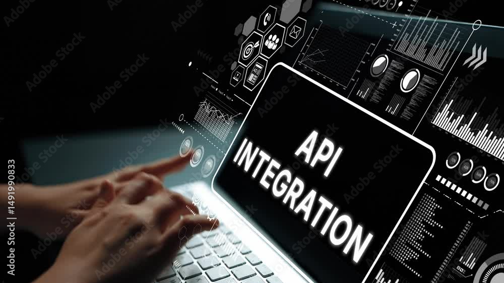 Poster API Integration Concept with Hands on Laptop and Data Visualizations in Dark Environment for Technology-Driven Solutions. Asymptotic smart data analytic.