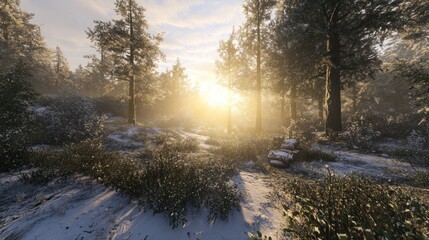 Sunlit winter forest scene with snow-covered ground and trees, a hint of a vehicle partially hidden in the undergrowth.
