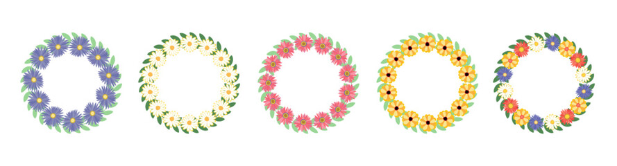 Set of flower frames. Wreath with flowers. Floral frame, hand drawn simple cute botanical round frame.