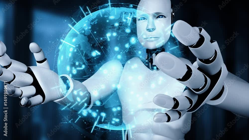 Poster ai hominoid robot holding virtual hologram screen showing concept of big data analytic using artific