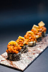 Sushi served on a stone slate, fine dining, luxury, japanese, food, social media post, banner, flyer, food photography