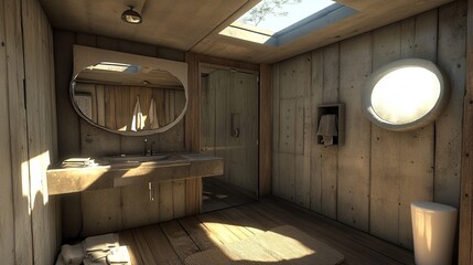 Modern concrete bathroom interior, natural light