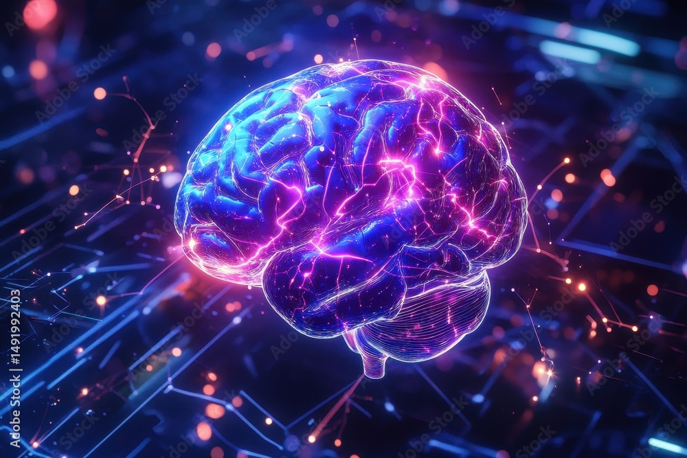 Aufkleber human intelligence visualized in a 3d brain render glowing with electric waves and neural activity