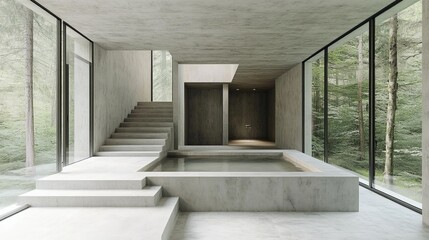 Modern concrete spa nestled within a forest.  Large windows offer views of nature
