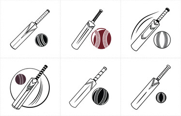 Simple Cricket Vector Icon &ndash; Cricket Bat & Ball Icons &ndash; Cricket Icon Pack &ndash; Editable Sports Vector Design Featuring Cricket Bats and Balls for Logos and Prints