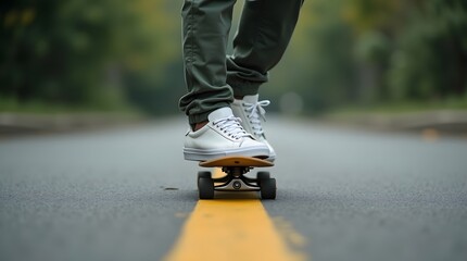 Cropped view of a stylish man in white sneakers and green pants with a skateboard, on a yellow crosswalk