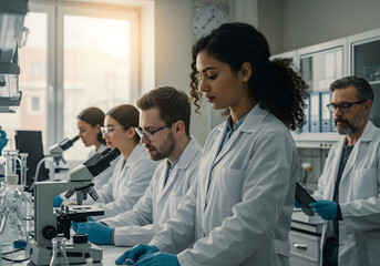 Fototapeta premium Scientists in a Laboratory Researchers Working with Microscopes, Science Lab, Experiments, Medical Research, Healthcare.