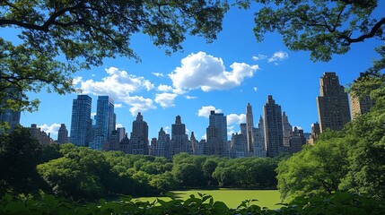 Fototapeta premium Skyline view of city buildings framed by trees and foliage under a sunny sky