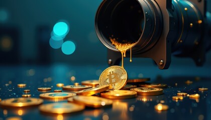 Golden opportunity, camera and coin symbolize financial growth in photography gold