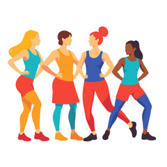Fototapeta premium Four women posing confidently in colorful athletic outfits 