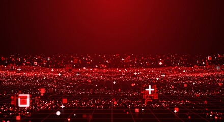 Abstract red digital landscape with glowing particles and grid