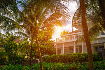 Tropical luxury: sunset over modern beachfront villa with lush palm trees
