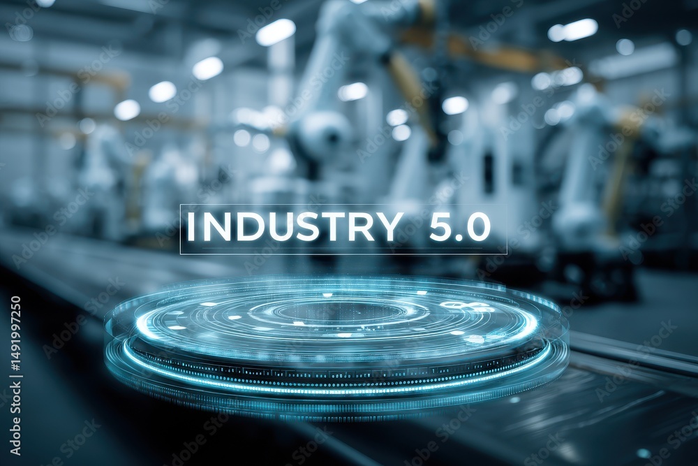 Poster a futuristic factory setting with robotic arms and digital interface, showcasing the concept of indu