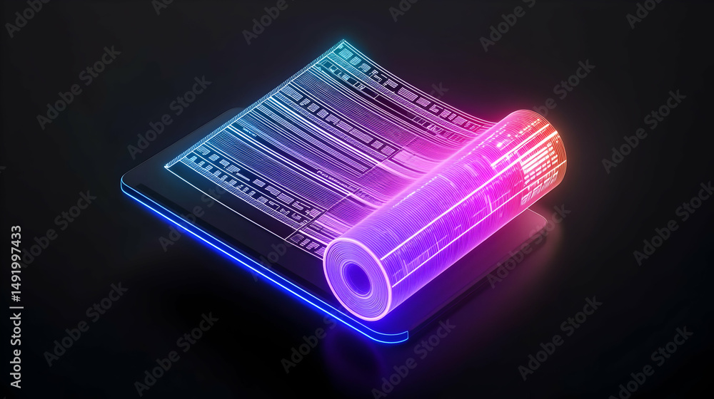 Poster glowing digital tablet with rolling data stream