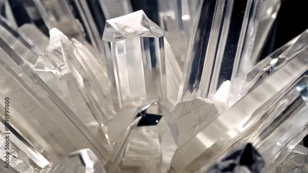 Poster macro view of clear quartz crystals with sharply defined facets and geometric formations, creating a