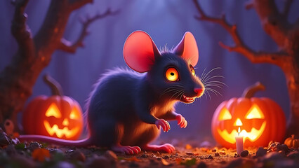 Fototapeta premium A mischievous, dark gray mouse with glowing orange eyes and sharp teeth perched on a tree branch