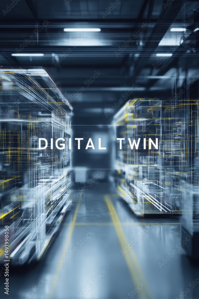 Poster a modern factory setting visualizes the concept of a digital twin with futuristic lines and 