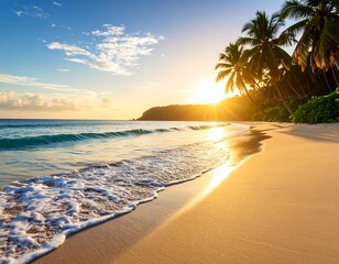 Golden sunlight paints the tropical beach landscape as the sunset colors the sea and sky with beautiful hues over gentle waves