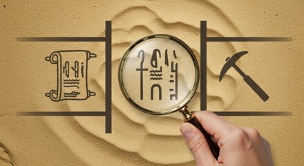 Ancient symbols examined with a magnifying glass, scroll, and pickaxe on a sandy background