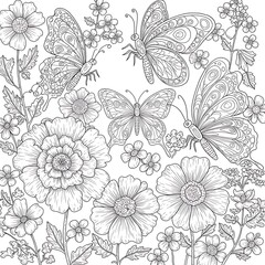 Floral Flutter: Intricate Line Art AI Generated